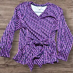 Liz Claiborne Blouse V-Neck Long Sleeve Tie Waist Purple Pattern 0X